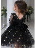 Long Sleeves Black Gold Star Tulle V Back Wedding Flower Girl Dress